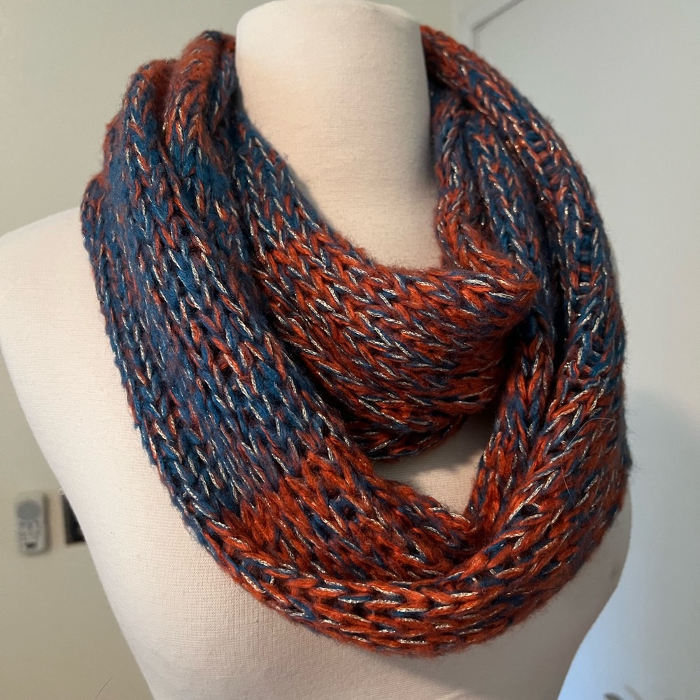 Knitted scarf infinity scarf Rusty orange, navy gold
